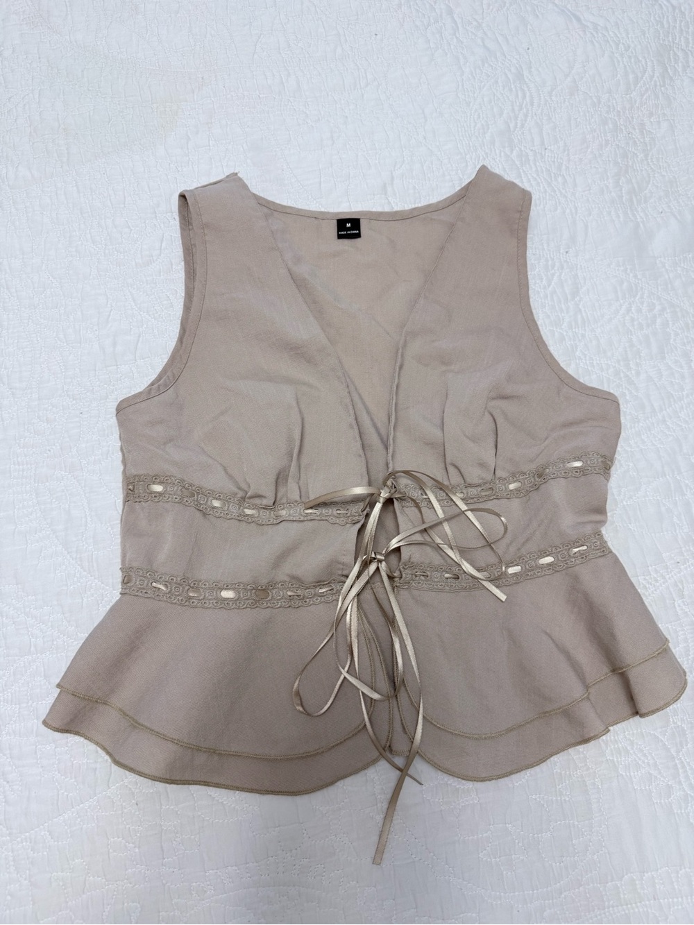 SHEIN Taupe Lace-Trim Tie-Front Peplum Vest